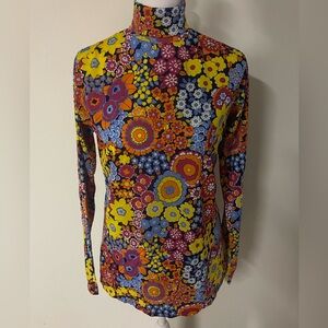 Vintage 1970s Floral Mock Neck Long-Sleeve Top - Yellow Multi